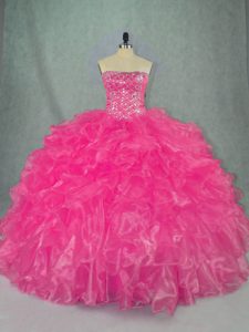 Stunning Hot Pink Strapless Neckline Beading and Ruffles 15th Birthday Dress Sleeveless Lace Up