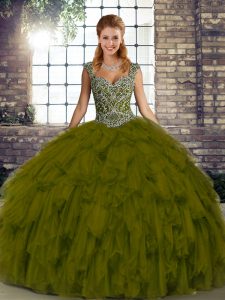 Superior Olive Green Sleeveless Organza Lace Up Military Ball Dresses for Military Ball and Sweet 16 and Quinceanera