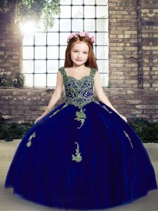 Latest Royal Blue Ball Gowns Appliques Pageant Dress for Girls Lace Up Tulle Sleeveless Floor Length