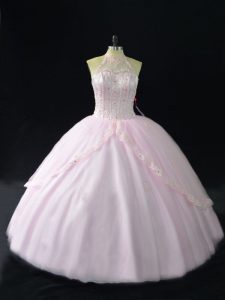 On Sale Pink Halter Top Neckline Beading and Appliques Quinceanera Gowns Sleeveless