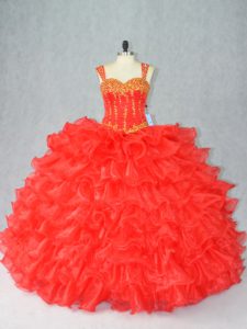 Beading and Ruffles Quince Ball Gowns Red Lace Up Sleeveless Floor Length