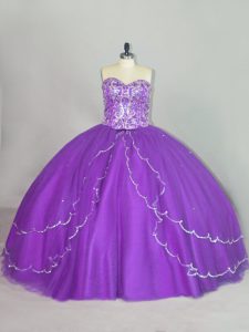 Adorable Purple Quinceanera Gown Tulle Brush Train Sleeveless Beading and Sequins