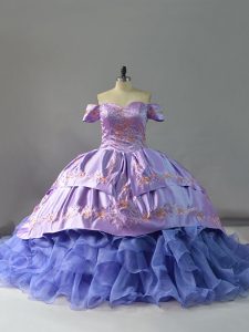 High Quality Sleeveless Embroidery and Ruffles Lace Up Sweet 16 Dresses with Lavender Chapel Train