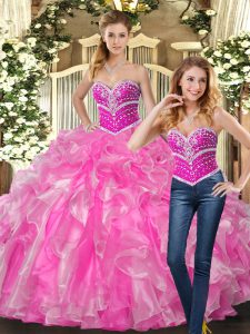 Pretty Ball Gowns Sweet 16 Dresses Rose Pink Sweetheart Organza Sleeveless Lace Up