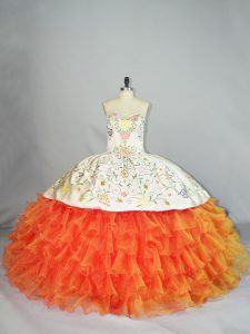 Embroidery and Ruffles Quinceanera Gowns Orange Lace Up Sleeveless Floor Length