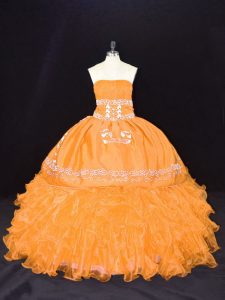 Chic Embroidery and Ruffles Sweet 16 Dress Gold Lace Up Sleeveless Floor Length
