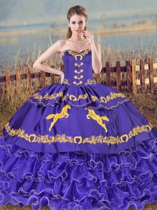 Modern Purple Ball Gowns Organza Sweetheart Sleeveless Embroidery and Ruffled Layers Lace Up Quinceanera Gowns Brush Train