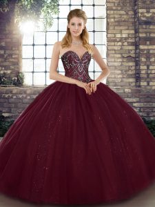 Fitting Burgundy Sweetheart Lace Up Beading Ball Gown Prom Dress Sleeveless