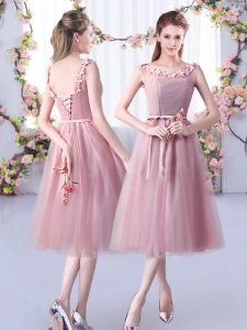 Flirting Pink Sleeveless Appliques and Belt Tea Length Damas Dress
