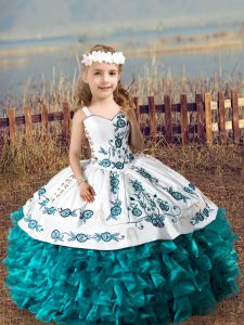 Teal Girls Pageant Dresses Wedding Party with Embroidery and Ruffles Straps Sleeveless Lace Up