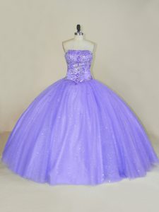 Nice Lavender Strapless Lace Up Sequins Quinceanera Dresses Sleeveless