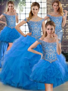 Off The Shoulder Sleeveless Ball Gown Prom Dress Brush Train Beading and Ruffles Blue Tulle
