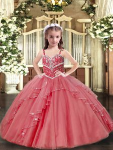 Fancy Ball Gowns Custom Made Pageant Dress Pink Straps Tulle Sleeveless Floor Length Lace Up