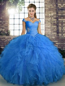 Perfect Off The Shoulder Sleeveless Tulle Sweet 16 Dress Beading and Ruffles Lace Up