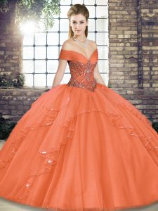 Sexy Tulle Off The Shoulder Sleeveless Lace Up Beading and Ruffles Sweet 16 Dresses in Orange Red