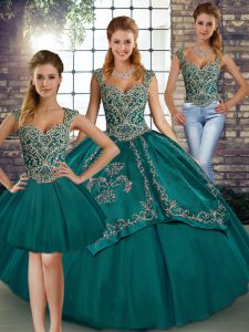 Captivating Tulle Straps Sleeveless Lace Up Beading and Embroidery Vestidos de Quinceanera in Teal