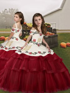 Ball Gowns Little Girl Pageant Gowns Wine Red Straps Tulle Sleeveless Floor Length Lace Up