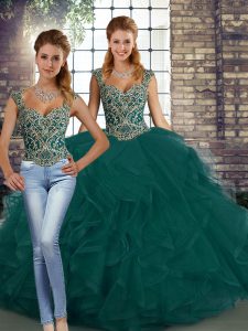 Adorable Peacock Green Sleeveless Floor Length Beading and Ruffles Lace Up Quinceanera Dresses