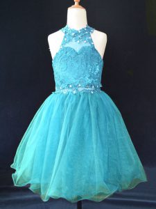 Aqua Blue A-line Beading and Lace Kids Pageant Dress Lace Up Organza Sleeveless Mini Length
