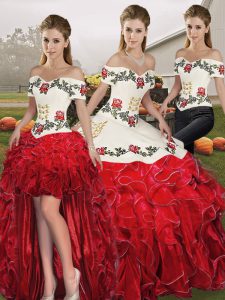 Flirting Three Pieces 15 Quinceanera Dress White And Red Off The Shoulder Organza Sleeveless Floor Length Lace Up