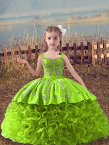 Sleeveless Embroidery Lace Up Pageant Dress for Girls with Yellow Green Sweep Train