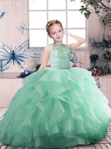 Affordable Apple Green Zipper Child Pageant Dress Beading and Ruffles Sleeveless Floor Length