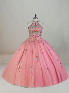 Lovely Pink Sleeveless Brush Train Appliques and Embroidery Sweet 16 Quinceanera Dress