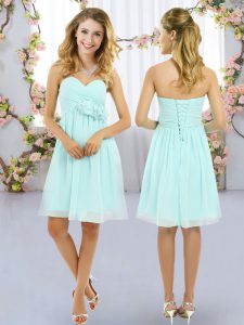 Mini Length Lace Up Court Dresses for Sweet 16 Aqua Blue for Wedding Party with Hand Made Flower