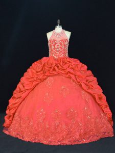 Floor Length Red Quinceanera Dresses Taffeta Sleeveless Beading and Appliques and Embroidery