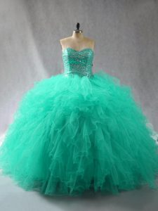 Perfect Turquoise Ball Gowns Tulle Sweetheart Sleeveless Beading and Ruffles Floor Length Lace Up 15 Quinceanera Dress