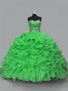 Lovely Floor Length Green 15th Birthday Dress Organza Sleeveless Beading and Ruffles