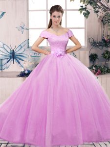 Lilac Ball Gowns Lace and Hand Made Flower 15 Quinceanera Dress Lace Up Tulle Short Sleeves Floor Length