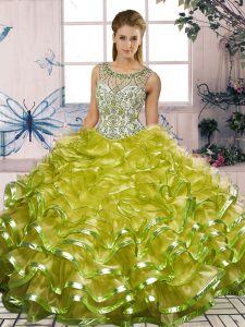 Ball Gowns Sweet 16 Dress Olive Green Scoop Organza Sleeveless Floor Length Lace Up