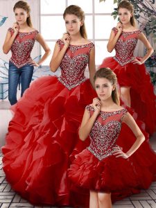 Flirting Red Ball Gowns Beading and Ruffles 15th Birthday Dress Zipper Organza Sleeveless Floor Length