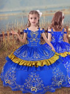 Ball Gowns Girls Pageant Dresses Blue Off The Shoulder Satin Sleeveless Floor Length Lace Up