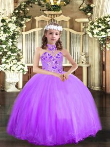 Dazzling Lavender Sleeveless Appliques Floor Length Little Girl Pageant Gowns