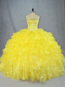 Edgy Asymmetrical Yellow Vestidos de Quinceanera Strapless Sleeveless Lace Up