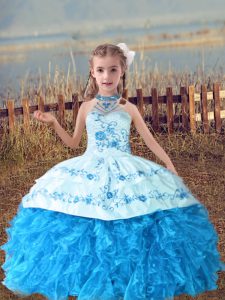 Baby Blue Organza Lace Up Halter Top Sleeveless Floor Length Glitz Pageant Dress Beading and Embroidery and Ruffles