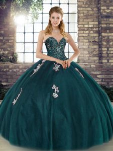 Sweetheart Sleeveless Tulle Sweet 16 Dresses Beading and Appliques Lace Up