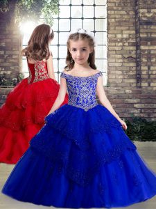Off The Shoulder Sleeveless Lace Up Beading and Appliques Little Girl Pageant Dress in Royal Blue