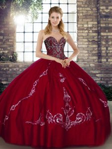 Trendy Wine Red Tulle Lace Up Sweetheart Sleeveless Floor Length Sweet 16 Dresses Beading and Embroidery