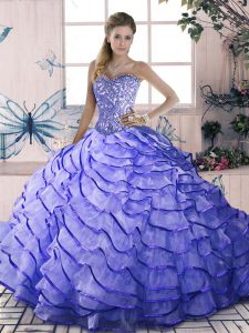 Excellent Beading and Ruffled Layers Sweet 16 Dress Lavender Lace Up Sleeveless Brush Train