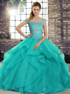 Aqua Blue Ball Gowns Beading and Ruffles Vestidos de Quinceanera Lace Up Tulle Sleeveless
