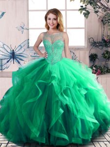 Exceptional Green Ball Gowns Beading and Ruffles Sweet 16 Dress Lace Up Tulle Sleeveless Floor Length