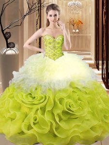 Multi-color Sleeveless Floor Length Beading and Ruffles Lace Up 15th Birthday Dress