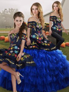 Off The Shoulder Sleeveless Sweet 16 Quinceanera Dress Floor Length Embroidery and Ruffled Layers Blue And Black Organza