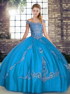 Floor Length Blue Sweet 16 Dresses Tulle Sleeveless Beading and Embroidery