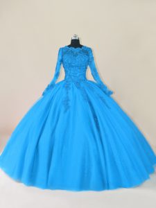 Sumptuous Blue Scalloped Neckline Lace and Appliques 15th Birthday Dress Long Sleeves Zipper