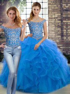 Custom Made Lace Up Quinceanera Gown Blue for Military Ball and Sweet 16 and Quinceanera with Beading and Ruffles Brush Train