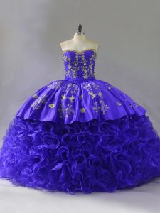 Purple Sleeveless Brush Train Embroidery and Ruffles Floor Length Quinceanera Gown